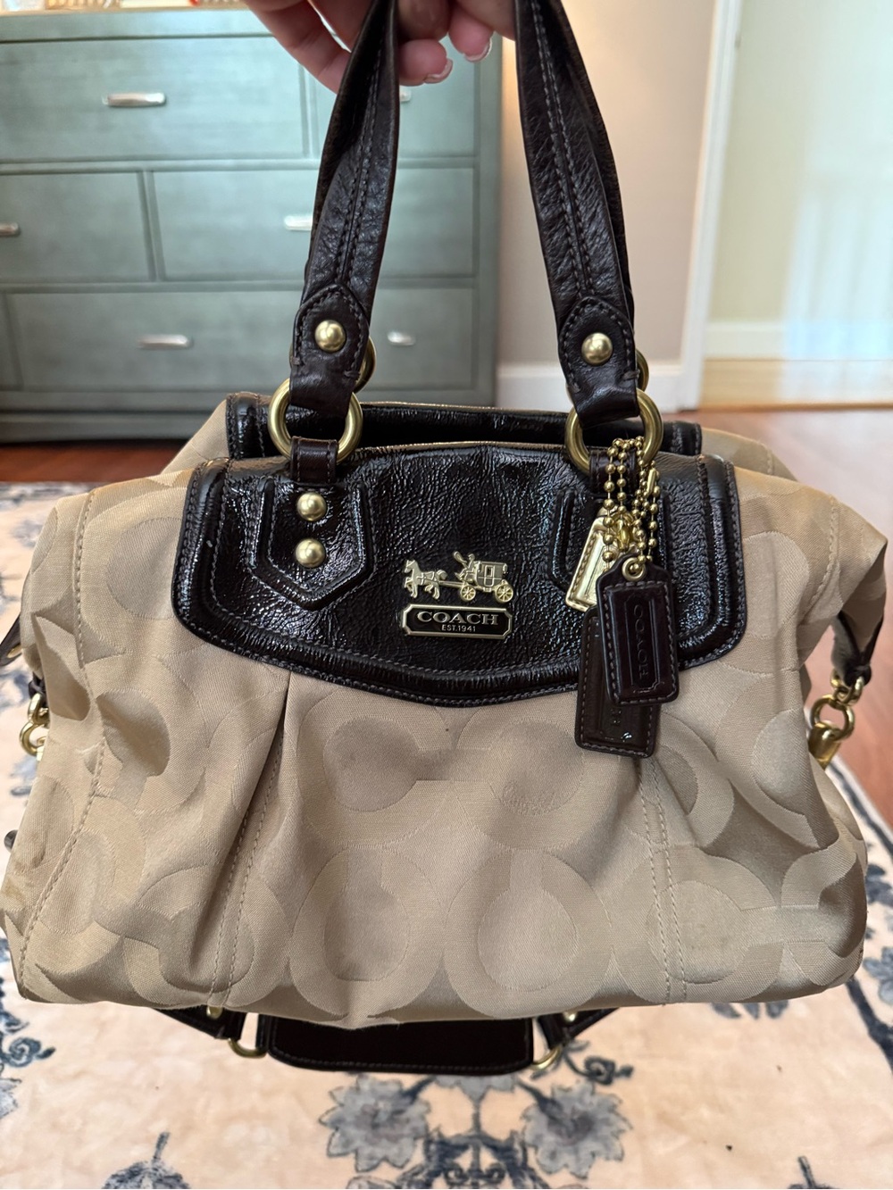 Coach Signature Madison Op Art Audrey Khaki Brown Satchel 14294 Handbag